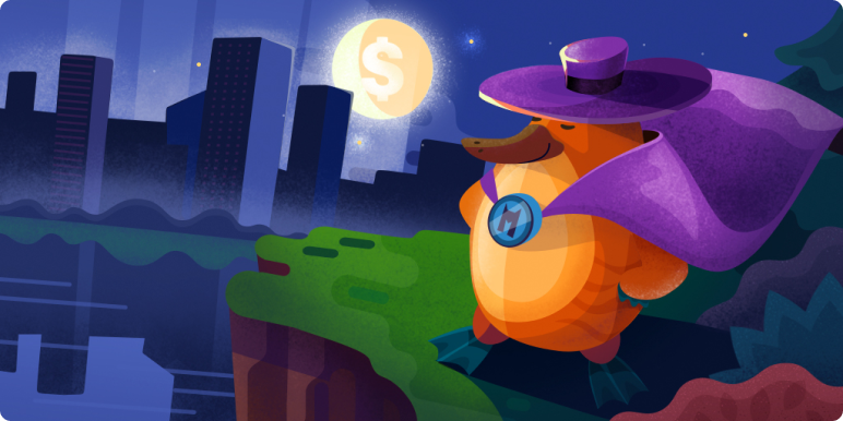 Platypus in the cape and hat standing on a cliff under the moonlight